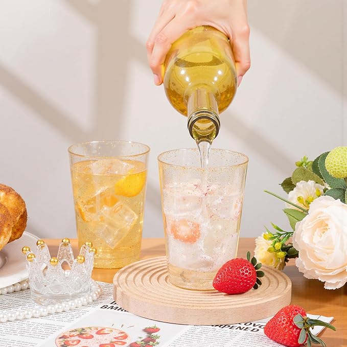 supernal 200pcs Gold Glitter Plastic Cups - 10oz Heavy Duty Disposable Party Cups | Premium Clear Shimmer Tumblers for Wedding, Birthday Cocktail, Banquet Wine Toasting & Catering