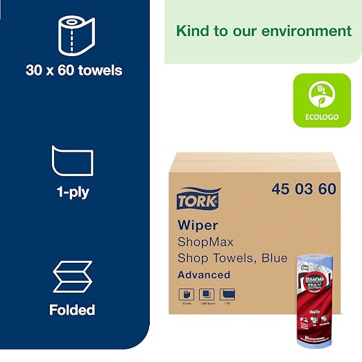 Tork ShopMax Heavy Duty Paper Shop Towel Blue, High Absorbency, 30 rolls x 60 Sheets, 450360
