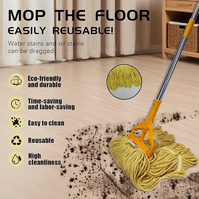 Commercial Cotton Mop Heavy-Duty Industrial with 2 Replacement Heads 152 cm Handle Replacement mop Head (Yellow)