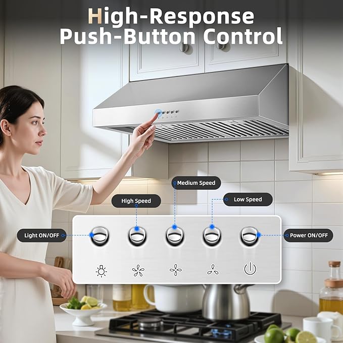 Tiesay 30 Inch Under Cabinet Range Hood 900 CFM with Ductless Convertible Duct Kitchen Hoods, 3-Speed Adjustable, Dishwasher Safe Baffle Filters, LED Lights, Stainless Steel, Button Control