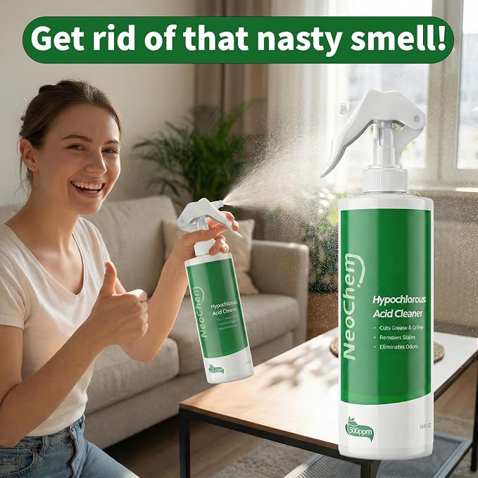 Hypochlorous Acid Spray For Cleaning, 500ppm Hypochlorous Acid,Cuts Grease, Removes Stains, Eliminates Odors - No Rinse, No Harsh Fumes, Biodegradable (16oz)