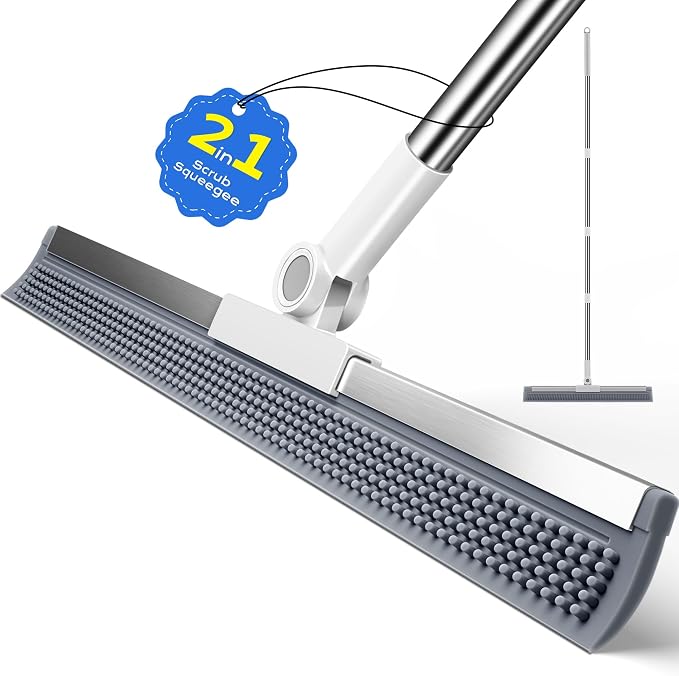 Floor Squeegee Broom with Rubber Scrubbing Teeth, 2-in-1 Magic Broom with 58 Inch Telescopic Handle, Wide Shower Floor Squeegee for Bathroom, Garage, Kitchen, Tile, Concrete, Pet Hair and Water