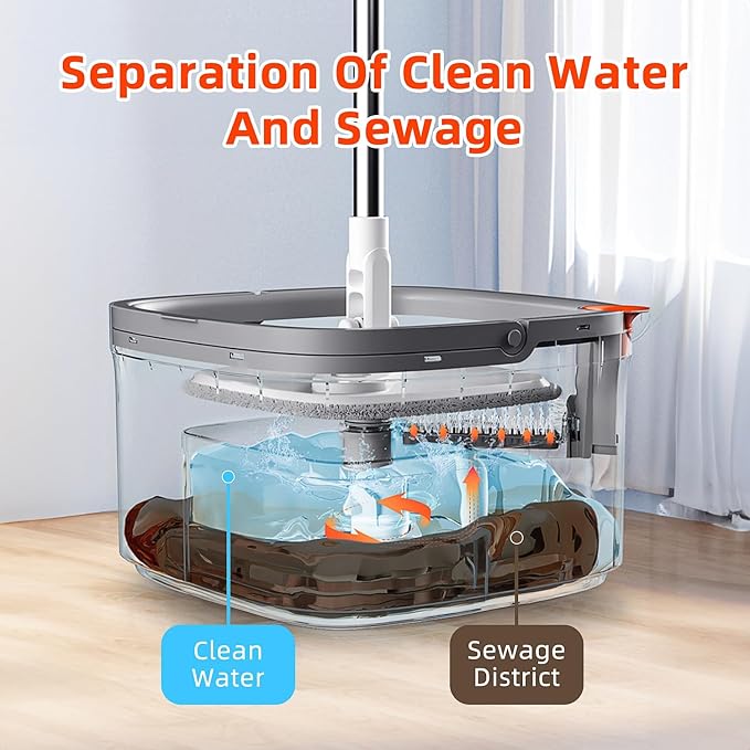 Spin Mop and Bucket Set with 10 Replaceable Microfiber Mop Pads with Self Separation Dirty and Clean Water System, Self Wringing 360° Rotating Square Mop Head for Hardwood Tile Marble Floors