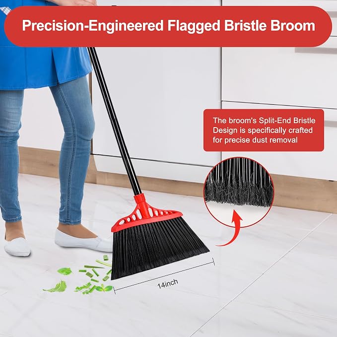 Tiumso Heavy Duty Broom Indoor Outdoor Commercial Broom, 55" Long Handle Broom with CornerReach and Microfiber Duster 5-in-1 Kit with Extendable Pole for Home Office Kitchen and High Ceilings