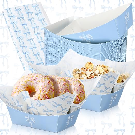 Geosar 100 Pcs Coquette Bow Paper Food Trays Bulk Bow Party Supplies Birthday Decor Disposable Food Boat Trays with Wax Paper Sheet Wrapping for Wedding Bridal Party Supplies(Blue)