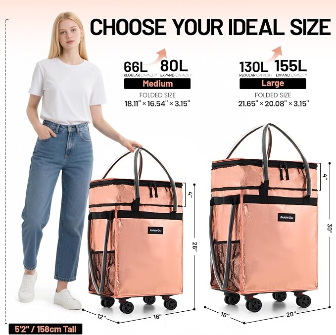 (Medium) Fanwoli Reusable Grocery Bag on Wheels with Upgraded Wrinkle-Resistant Fabric | Enhanced Stability Wheels & Extended Handle | Foldable Shopping Trolley for Laundry, Carries Up to 66 L