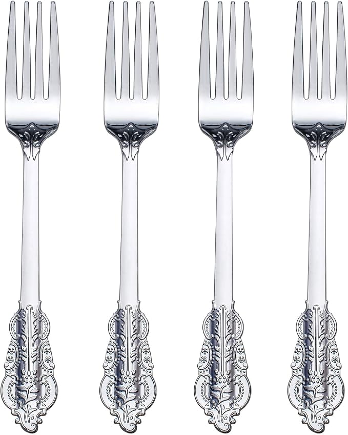 WDF 100 Piece Silver Forks Disposable - 7.48 Inch Silver Plastic Forks - Baroque Silverware for Dessert Cake - Heavy Duty Plastic Fork for Party Wedding or Daily Using Baby Shower Spring