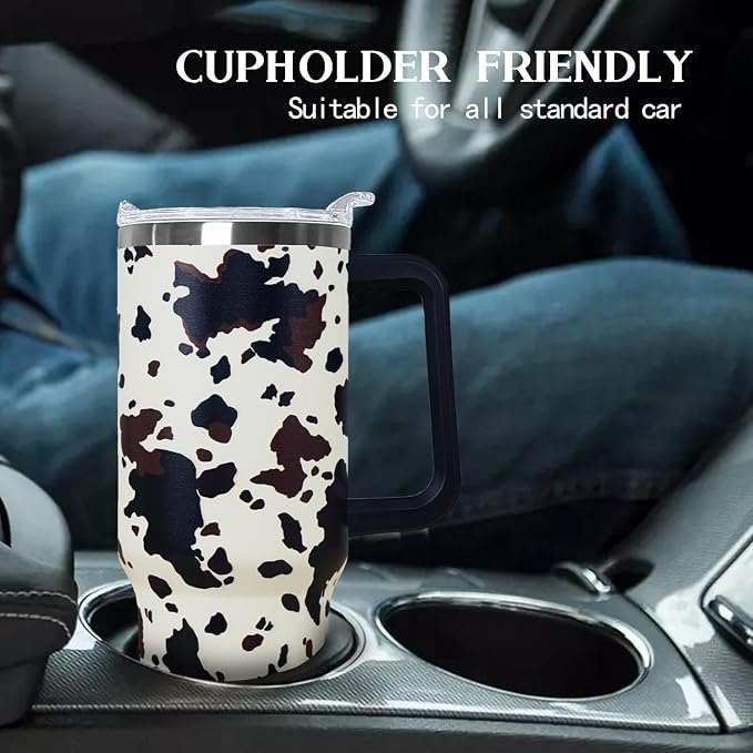 Ceovfoi 40 Oz Cow Print Tumbler With Handle,Cow Print Coffee Travel Mug Cup Water Bottle,Cow Print Decor,Cow Print Gifts for Women