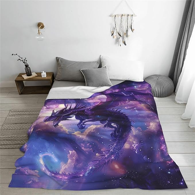 Space Dragon Blanket Blue Cool Dragon Decor Throw Blanket Cozy Plush Flannel Fleece Warm Soft Lightweight Fuzzy Blanket Dragon Lovers Gifts for Boys Girls Teens Women for Bed Sofa Couch 50"X60"