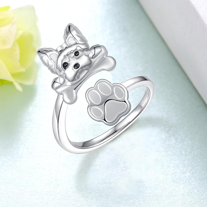 Dog Ring for Women Sterling Silver Yorkie/Pug Ring Dog Jewelry for Women