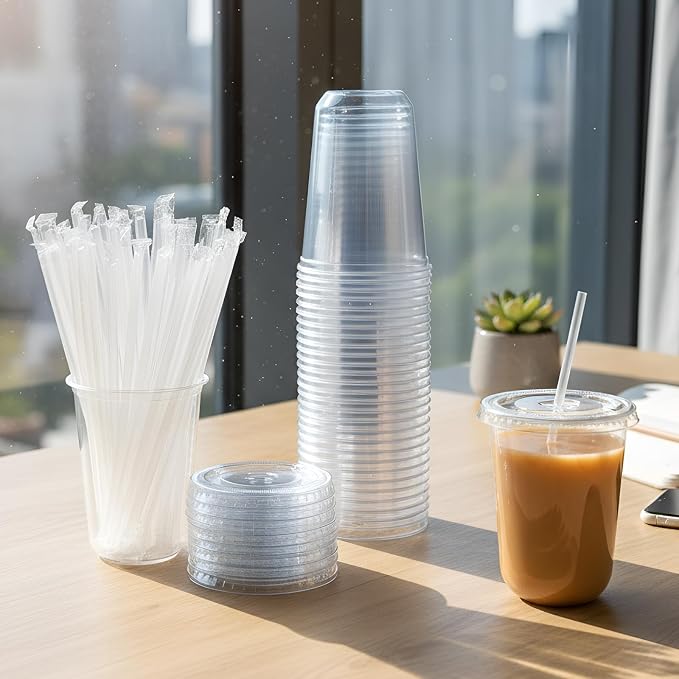 Ziliny 50 Sets Clear Round Bottom Plastic Cups with Lids and Straws, Cute Disposable Drinking Coffee Cups, for Christmas Valentine's Galentine's Day Party Wedding Birthday Supplies (16oz,Clear)
