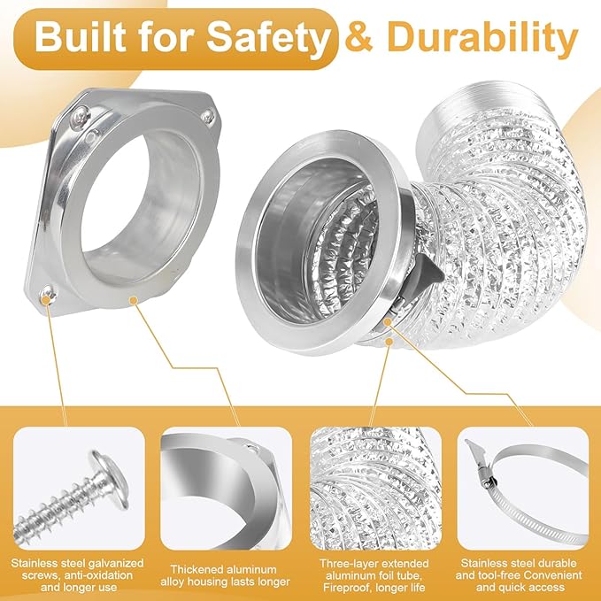 Magnetic Dryer Vent Coupling Connector Kit DV180 - Airtight Seal Quick Connect System with 4" Aluminum Duct Hose & Clamps for Easy Cleaning & Maintenance