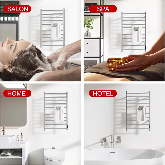 Heated Towel Racks for Bathroom, Wall Mounted Electric Towel Warmer Racks with Timer & Temperature Control, 10 Bar Stainless Steel Towel Heater for Bathroom, Brushed Silver, Plug-in