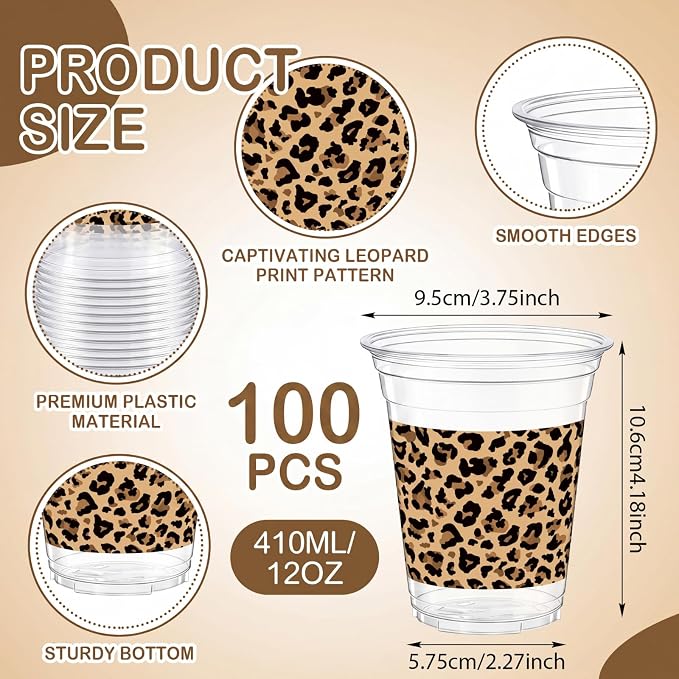 Qinyoung 100 Pcs Plastic Cups 12oz Disposable Cups Bulk Drinking Cup for Cold Drinks Baby Shower Wedding Birthday Valentine's Day Party Supplies (Leopard Print)