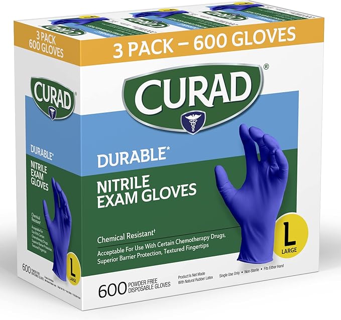 Curad Nitrile Exam Gloves, Durable, Powder Free, Chemical Resistant, Large, 600 Count, Color May Vary
