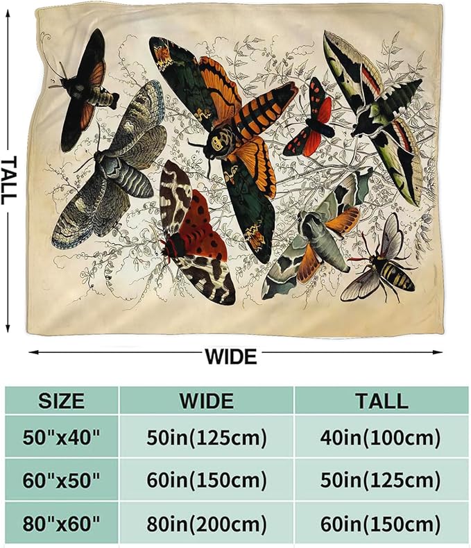 Tijuboni Moth Insect Throw Blanket Moth Gifts for Girls Women Boys Men Kids Adults Soft Flannel Fleece Blanket for Couch Sofa Bed Home Decor 60"x80"