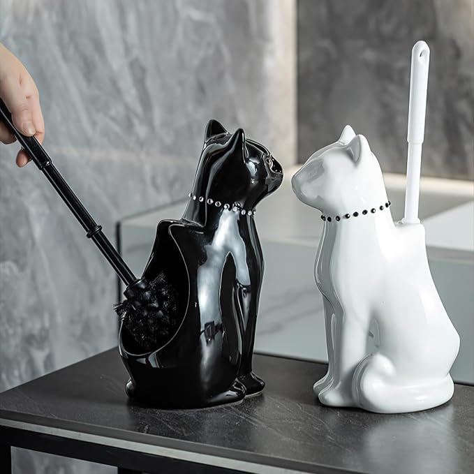 Cat Toilet Brush Holder - Ceramic Whimsical Feline Design with Wide-Mouth Storage, Black Toilet Bowl Brush and Holder Set Cute for Bathroom Ground, Easy-Clean Cat Lover Gift (Black)
