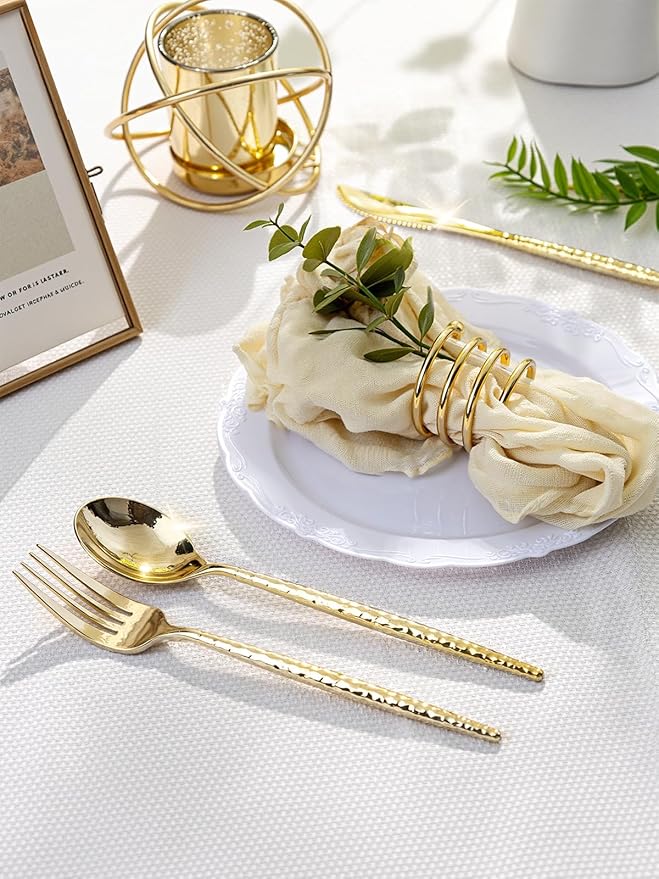 U-QE 180 PCS Gold Plastic Spoons - 7.7 Inch Hammered Heavy Duty Plastic Spoons - Elegant Gold Plastic Silverware - Perfect for Parties & Weddings and Other Daily Events