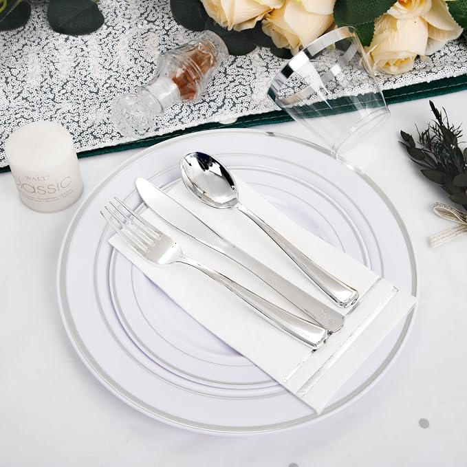 GATHER 175 Pieces Silver Plates - Disposable Silver Plastic Plates Includes 50 Plates, 75 Silverware, 25 Napkins, 25 Silver Rimmed Cups Perfect for Party & Weding