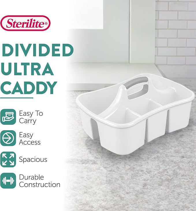 Sterilite 6-Pack Divided Ultra Caddy, Portable Plastic Storage Organizer for Bathroom - Large Organization Holder and Container for Sink, Laundry, and Kitchen Cleaning Supplies