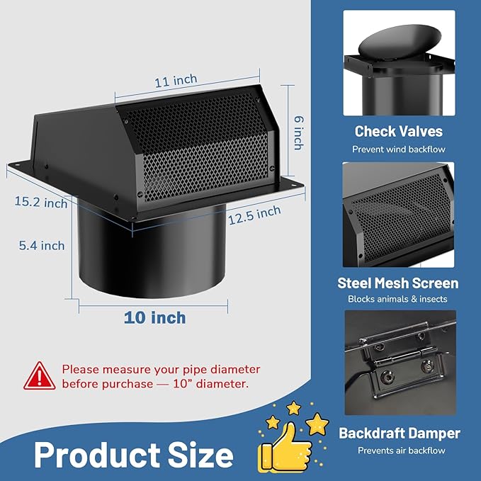 10 Inch Dryer Vent Cover Outside, Galvanized Steel Exterior Hooded Wall Vent Cover with Removable Screen & Cushioned Backdraft Flap, Exhaust Vent for House Wall Dryer Vent Kit (Black - 10 Inch)