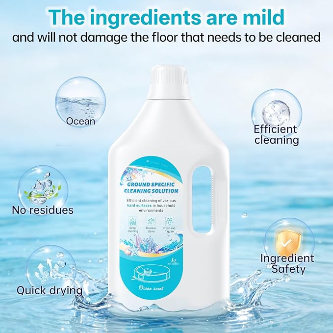 1 L Floor Cleaning Solution Ocean Scent, Compatible with Roborock/Shark/Bissell/Swiffer/IRobot/Eufy Quick Drying Without Residue Suitable for All Robot Vacuums and Wet Dry Dual-Use Vacuum Cleaners