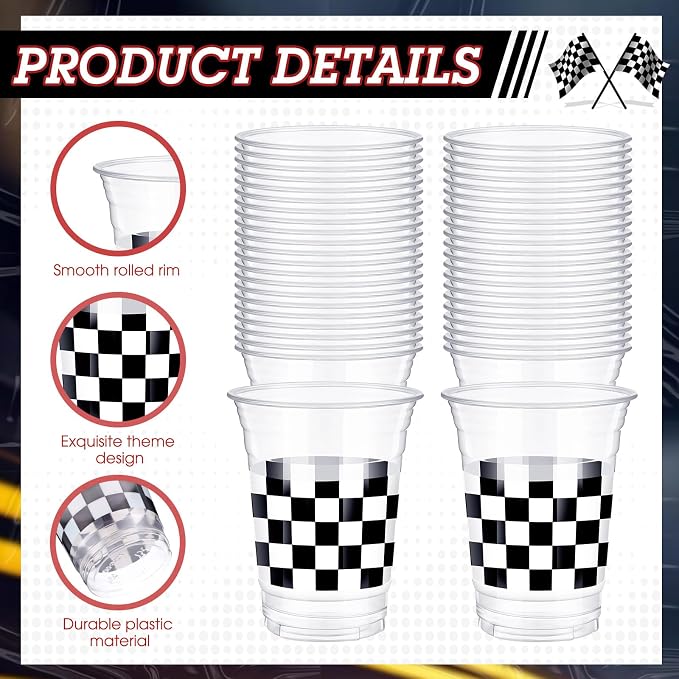 SiliFine 100 Pcs 12 oz Checkered Racing Party Plastic Cups White Black Checkered Cup Disposable Clear Gingham Plaid Cups for Racing Car Sports Themed Birthday Fast One Party Supplies Favors