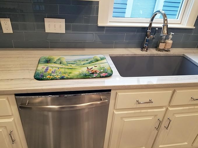 Caroline's Treasures Rabbit Springtime Meadow Dish Drying Mat Absorbent Dish Drying Mat Pad for Kitchen Counter Dish Drainer Mat for Countertop, 14 x 21", Multicolor