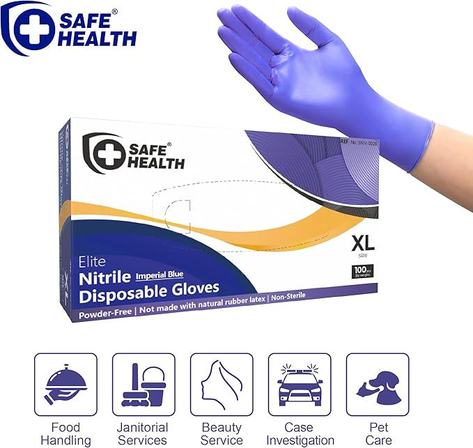 Safe Health Nitrile Imperial Blue Disposable Gloves, 4.5Mil, Powder & Latex Free