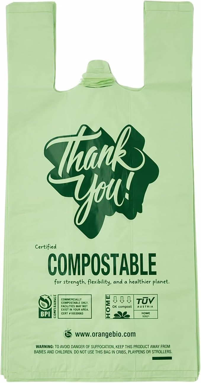 (Small) OrangeBio Certified Home Compostable Shopping Bags, 500 ct, Hold 12 lbs, 8" x 5" x 16.5", Thank You/Grocery/Take Out/T Shirt/To-Go Bags for Retail, Grocery Store