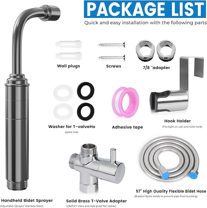 Handheld Toilet Bidet Sprayer for Toilet - Adjustable Flush Angle & Water Pressure for Bathroom Diaper Shower, All Brass Handheld Bidet Sprayer with Superior Complete Spray Hoses Kit (Grey)