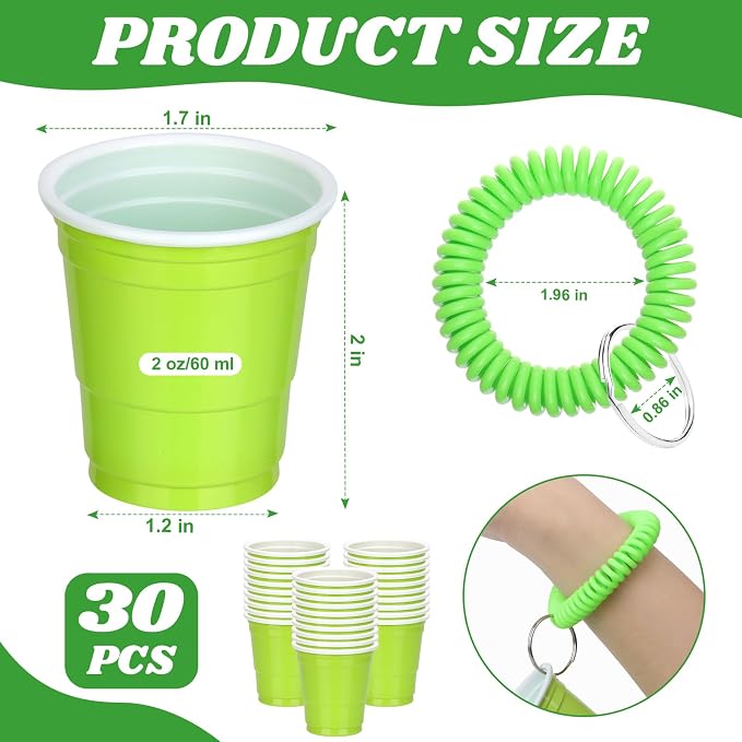 30 Pcs Green Shot Cups with Wristband for Party 2oz Plastic Shot Glasses Bulk Disposable Mini Shot Glasses with Bracelet Wear On Solo Cups for Party Wedding Birthday Baby Shower Graduation