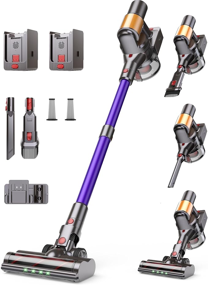 Cordless Vacuum Cleaner, 2 Batteries 120 Mins Runtime, 600W 50KPA Stick Vacuum with Self-Standing, Tangle-Free Brush, LED Display, Vacuum Cleaner for Home Hardwood Floor, Carpet, Pet Hair
