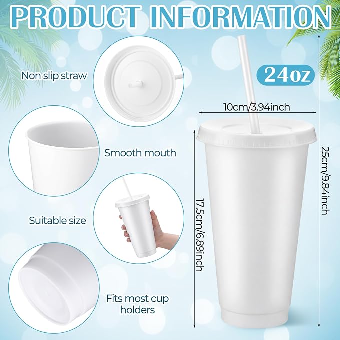 Honeydak 60 Pack Tumbler with Straw and Lid Bulk Cups for Gifts Water Bottle Iced Coffee Travel Mug Cup Reusable Plastic Tumblers for Party Birthdays 24-27 oz (White Color)