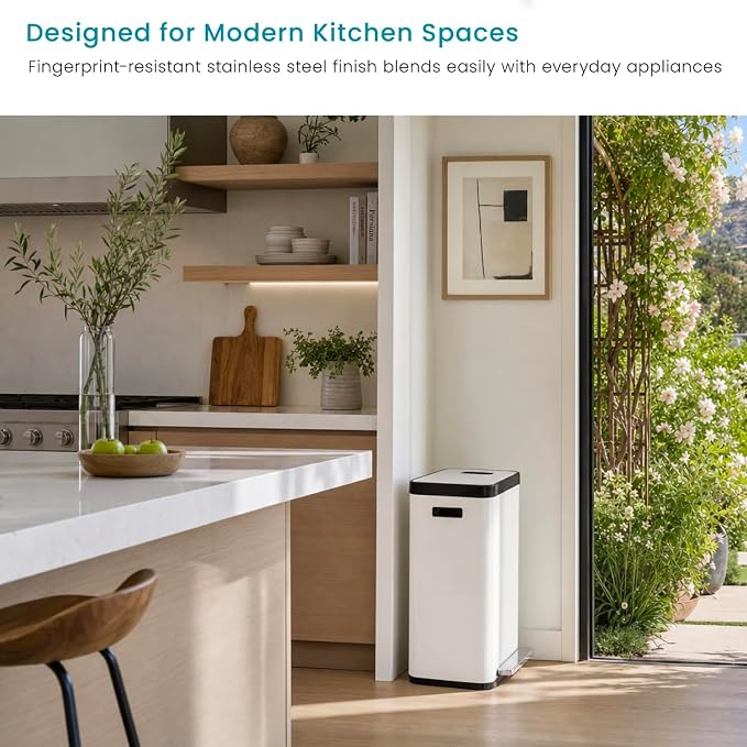 Home Zone Living 19 Gallon Kitchen Trash Can with Dual Compartments for Recycling, CleanAura Odor Control, Stainless Steel, Matte White, 70 Liters Total