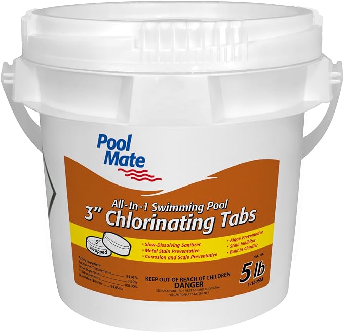 Pool Mate 5-Pounds All-In-1 Swimming Pool 3 Inch Chlorinating Tabs, Chlorine Tablets 3 Inch, Sanitizer, Clarifier, Stain Inhibitor, Algae Control, Descaler, Sunlight Protector All In One, Made In USA