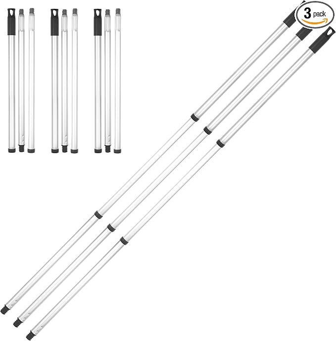 Superio 3 Part Heavy Duty Metal Handle Pole with Hanging Loop for Easy Storage, Mop Replacement Handle, Fits Most Brooms, Mops & Brushes, 48" (3 Pack)