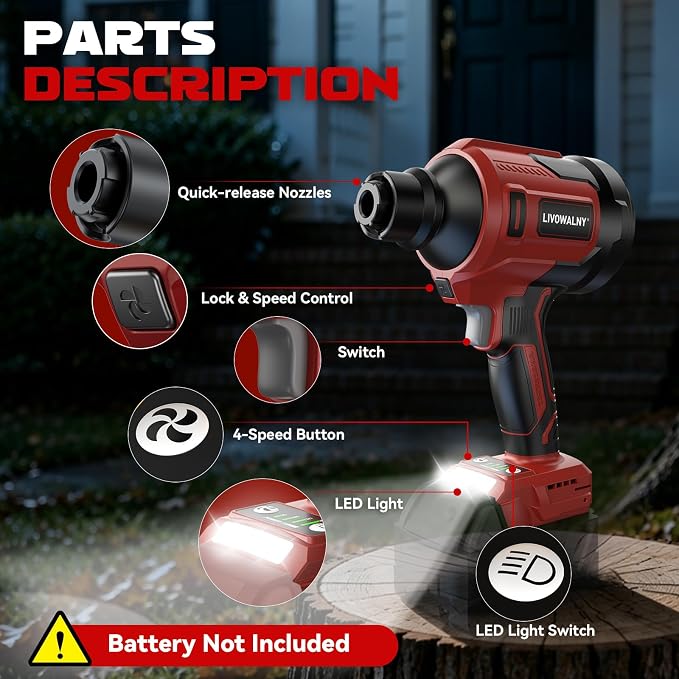 LIVOWALNY Upgraded Air Blower Compatible with Milwauke 18V Battery, 4-in-1 Compressed Air Duster, 480MPH, 120,000 RPM Brushless Motor, 4-Speed Leaf Blower for Car, PC, Workshop (Tool Only,No Battery)