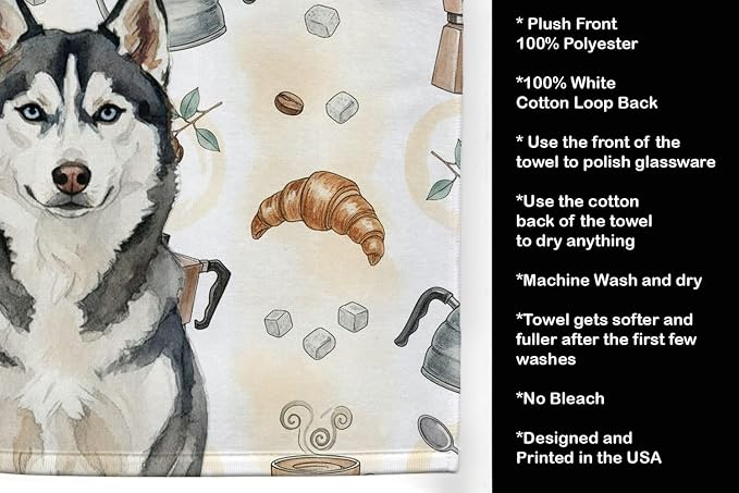 Caroline's Treasures Siberian Husky Coffee Bar Kitchen Towel Velour Plush Front and Cotton Loop Back Machine Washable