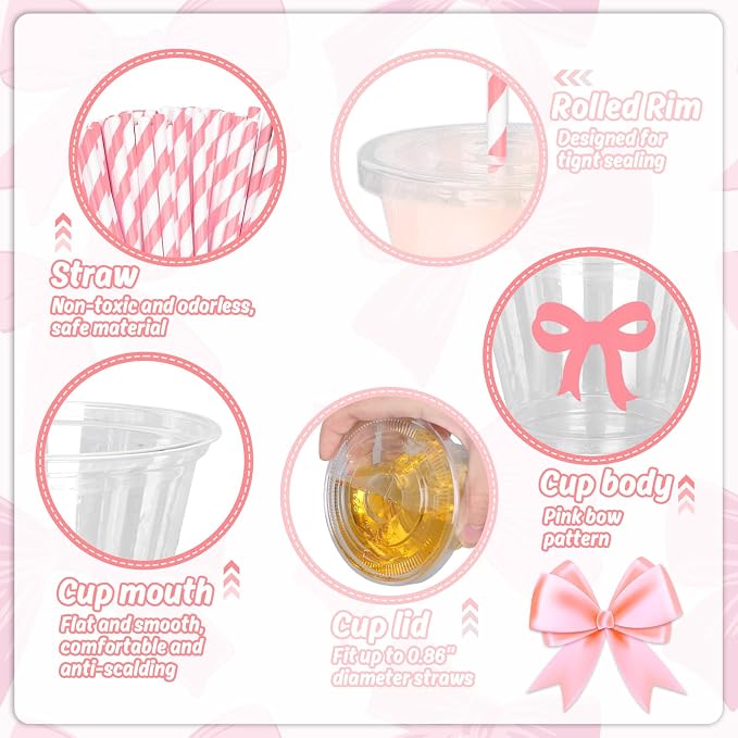Whaline 100 Pcs Pink Bow Disposable Plastic Cups with Lids and Straws 9 Oz Coquette Bow Knot Cold Beverage Drinking Cup for Wedding Birthday Bridal Baby Shower Party Supplies