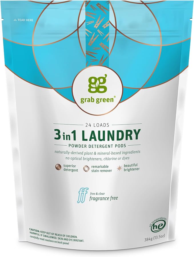Grab Green 3-in-1 Laundry Detergent Pods, Free & Clear, 24 Count | Plant & Mineral-Based; Enzyme-Powered; Velcro Closure; Laundry Brightener; Stain Remover