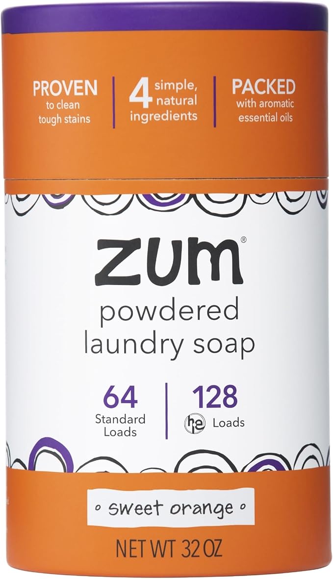 Zum Powdered Laundry Soap by Indigo Wild - Plant-Based Laundry Soap with Baking Soda, Coconut Oil & Essential Oils - 64 Loads (32 oz) - Sweet Orange