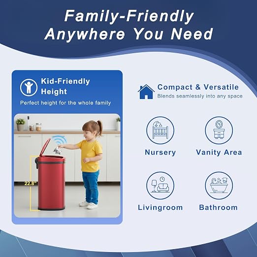 Furniture of America Verbena 13 Gallon Metal Household Trash Can with Motion Sensor Lid for Kitchen, Red