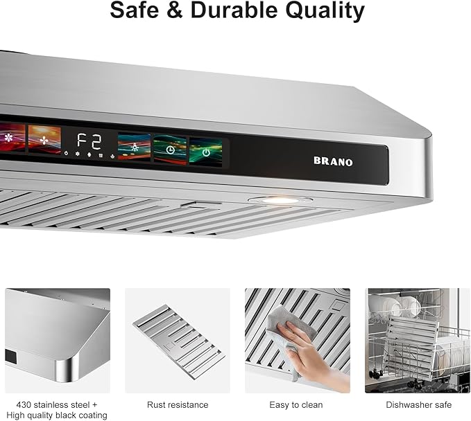 BRANO 30 Inch Under Cabinet Range Hood with Voice/Gesture/Touch Control, 900 CFM Kitchen Vent Hood with 4-Speed Exhaust Fan, Stainless Steel Stove Hood with LED Lights, Baffle Filters