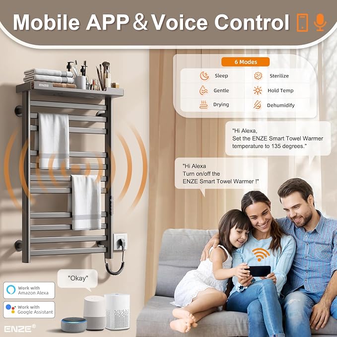 ENZE Smart Heated Towel Rack, 11-Bar Wall-Mounted Electric Towel Warmer with Shelf, Wi-Fi App Control, Adjustable Temperature & 24H Timer, Low Carbon Steel, IPX5, Plug-in/Hardwired, Gray