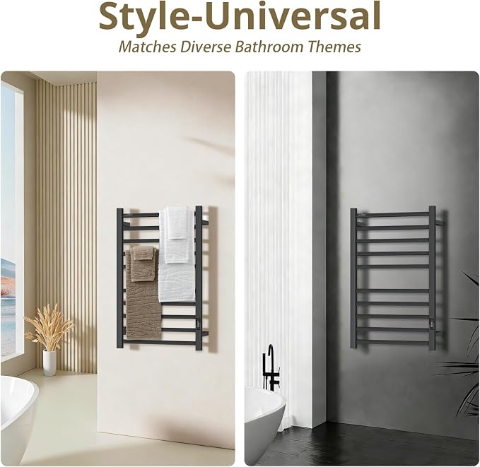 Towel Warmers for Bathroom, Heated Towel Rack Wall Mounted Large Racks, 10 Bar Hot Electric Rack, Stainless Steel, Built-in Timer, Plug-in, Fast Heating, Black