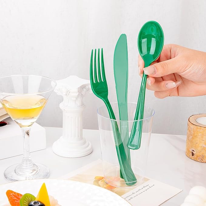 WDF 160 Pcs Green Plastic Silverware - Heavy Duty Silverware Includes 80Forks, 40Spoons, 40Knives, Green Plastic Utensils Perfect for Party/Wedding/Birthday/Daily Using