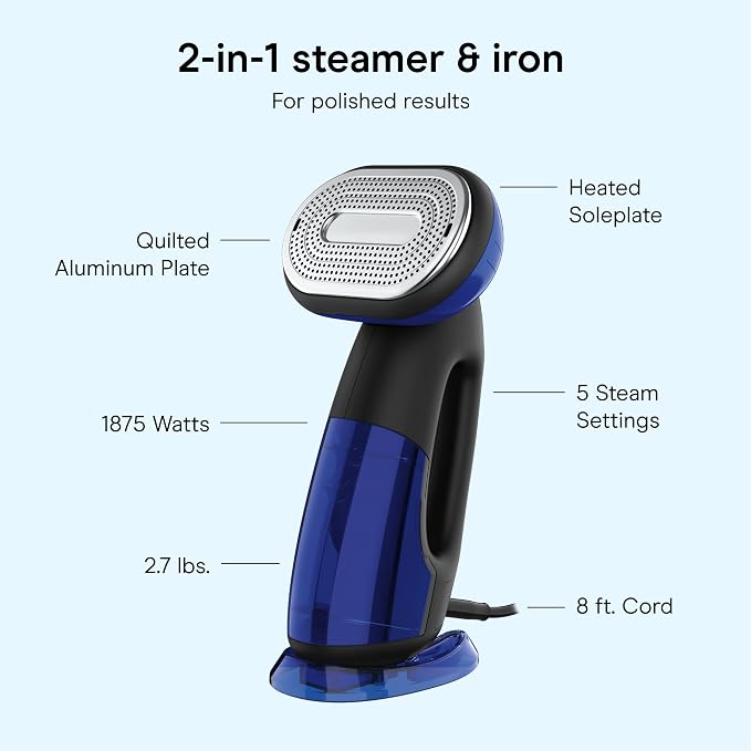 Conair 2-in-1 Handheld Steamer and Iron for Clothes, Turbo ExtremeSteam 1875W Garment Steamer and Clothing Iron,Black / Blue | Versatile Vertical or Horizontal Steam Iron with Smart Sensor and 4 Steam Levels, Blue, GS108L