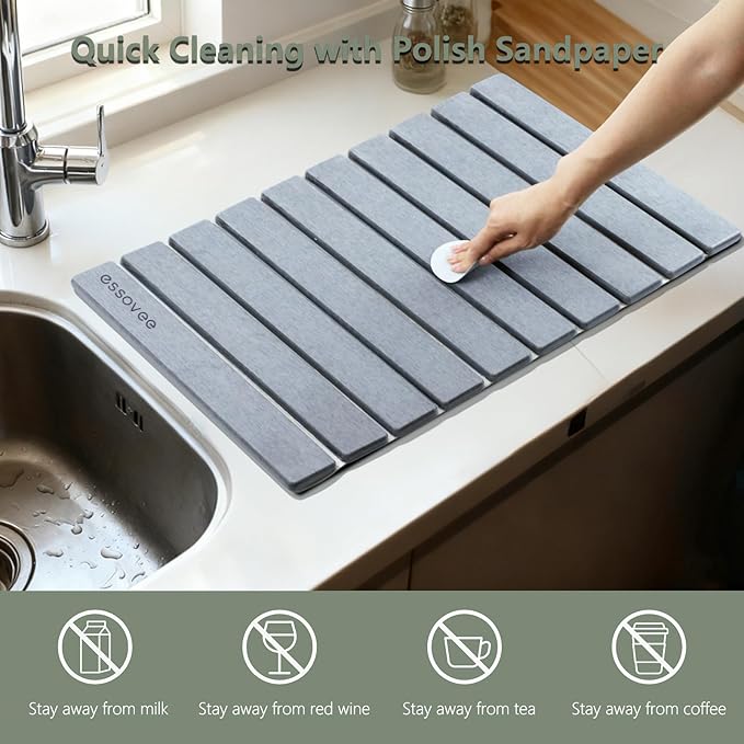 Large Stone Dish Drying Mat for Kitchen Counter, 24"×16" – Quick Drying Diatomaceous Earth, Super Non-Slip, Absorbent, Birthday Gifts for Women Mom Grandma (Light Gray)