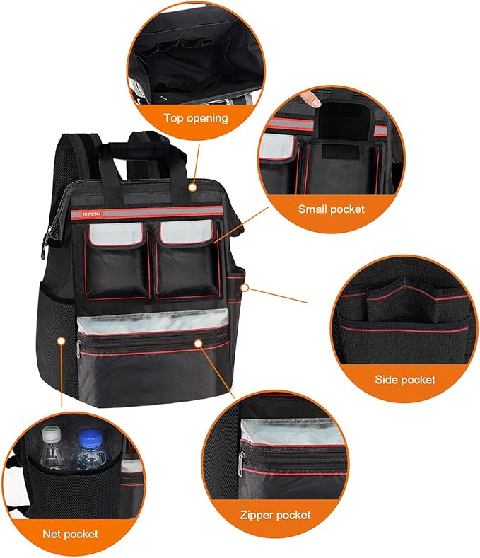 Backpack Tool Bag with Padded Back Support Heavy Duty Tool Kit Carrier Storage Bags for Electrician, Plumber, HVAC, Cable Repairman